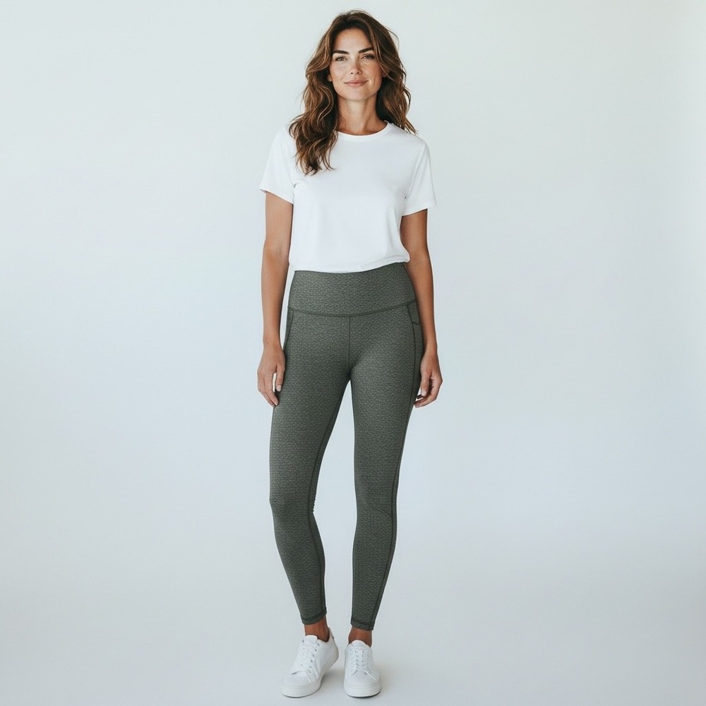 Old Navy Active High Waisted Heathered Leggings Size Large Gray Green Pockets